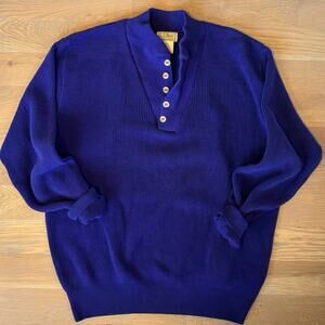 VTG 80s LL Bean Heavyknit Henley Sweater 1/4 Button Made In USA Blue Men Size XL